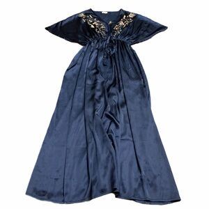 00s Vintage World Market Satin Embroidered Paisley Boho Maxi Dress Blue/Gold S/M